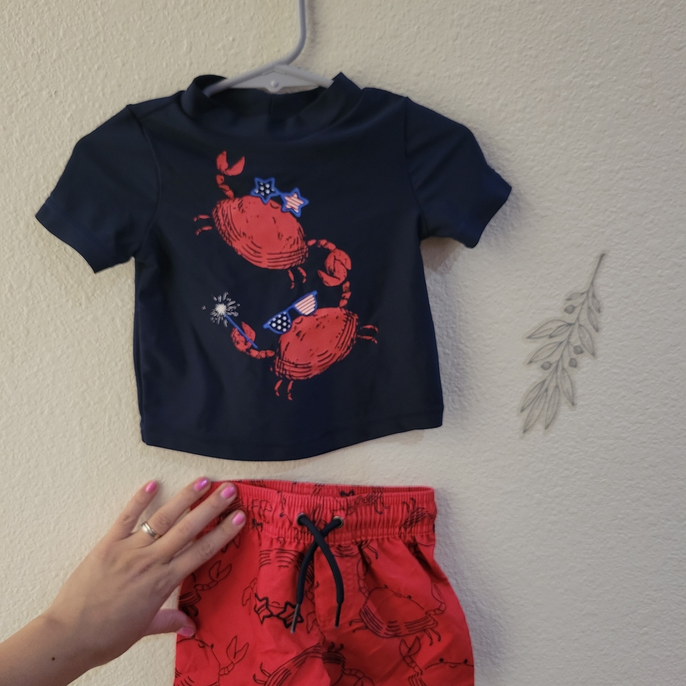 Carter's Navy And Red Baby Boys Swim Outfit With Patriotic And Crabs 6M